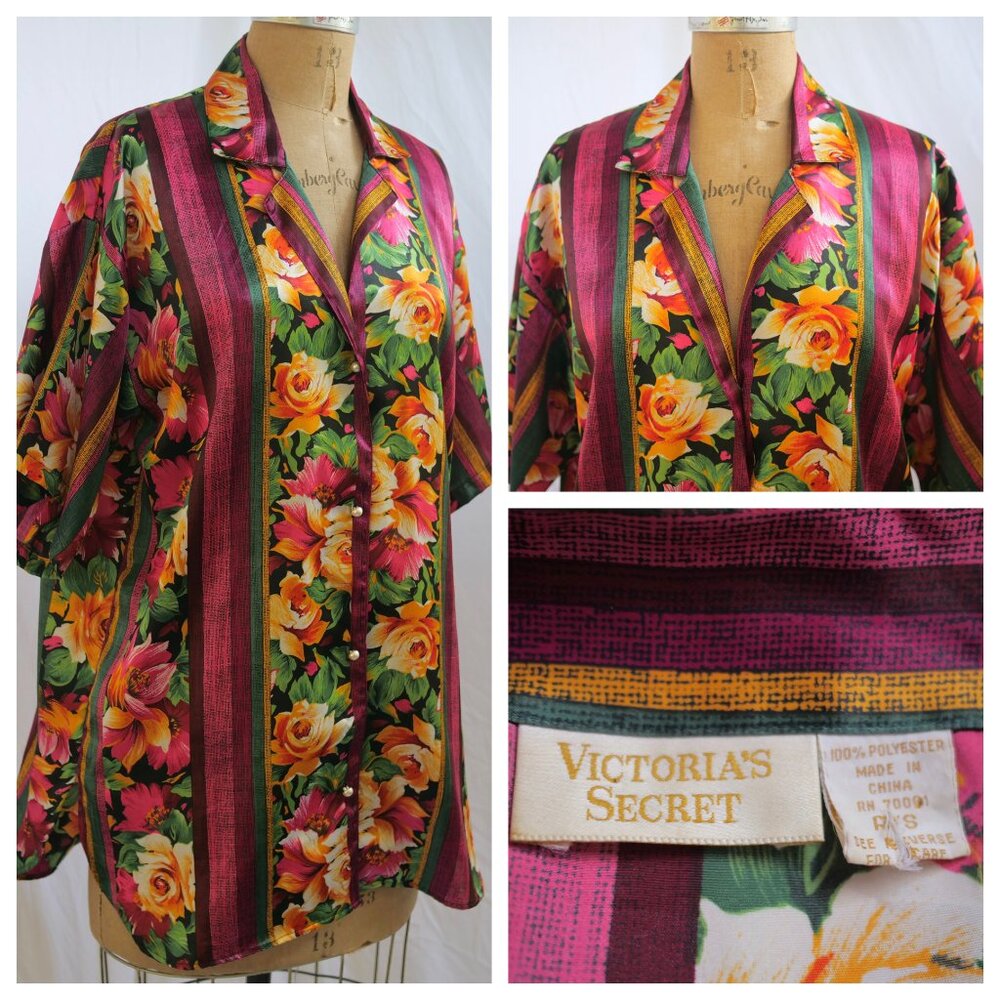 vtg VICTORIAS SECRET Gold Label Floral Nightshirt Pearl Buttons Oversized S EUC